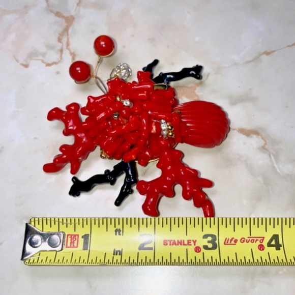 Vintage Red Beaded Brooch Abstract Design Coral Organic - Picture 2 of 3